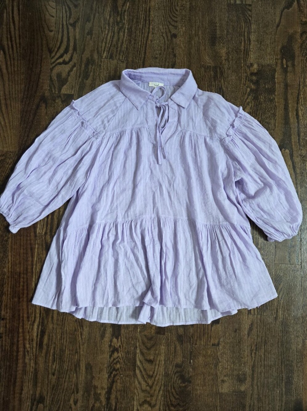 Easel Lavender Gauze Peasant Bohemian Mini Dress / Tunic Top with Tie Neck
